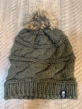 The North Face Olive Cable Knit Beanie with Faux Fur Pom